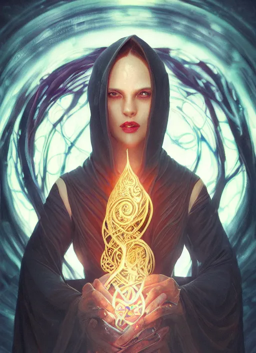 Image similar to book cover, front portrait, dark witch with black hood and evil eyes, realism, soft, smooth, luminescent, art nouveau tarot, backlit glow, colorful swirly ripples, gaudy colors, aesthetic octane render, unreal engine, 8 k, by artgerm, greg rutkowski, alphonse mucha