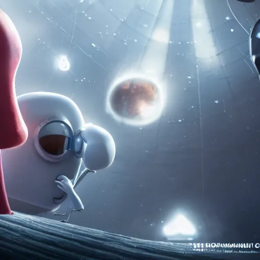 Image similar to the anthropomorphic minor - planet pluto, unhappy because it wants to be a real planet. imax, 7 0 mm. digital live - action. concept art. dramatic lighting. saturated. despicable me. neo - noir science fiction.