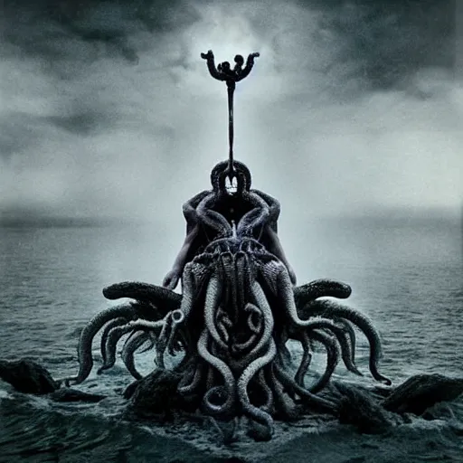 Image similar to invoking ritual of a cthulhu in a large landscape, photography by annie leibovitz