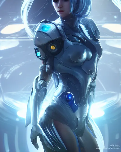 Image similar to perfect android girl on a mothership, warframe armor, beautiful face, scifi, futuristic, galaxy, nebula, raytracing, dreamy, long white hair, blue cyborg eyes, sharp focus, cinematic lighting, highly detailed, artstation, divine, by gauthier leblanc, kazuya takahashi, huifeng huang