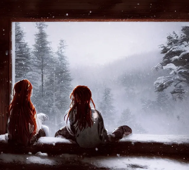 Image similar to a boy and a girl with long flowing auburn hair sitting together on the porch of a cabin on a mountain overlooking a snowy forest. Atmospheric lighting, long shot, romantic, boy and girl are the focus, cold lighting, snowy. details, sharp focus, illustration, by Jordan Grimmer and greg rutkowski, Trending artstation, pixiv, digital art