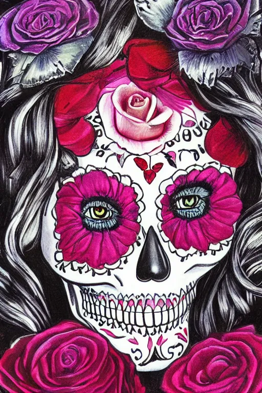 Image similar to Illustration of a sugar skull day of the dead girl, art by robert williams