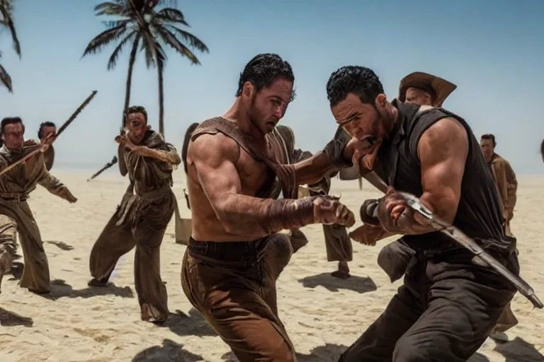 Prompt: film still of the best fight scene from the new pacific movie, set in dubai