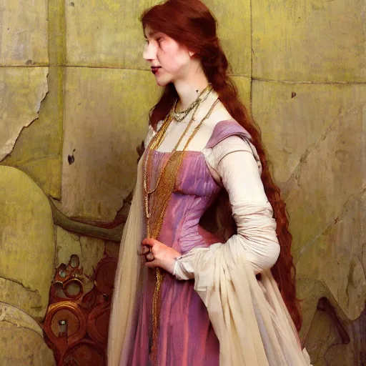 Prompt: a highly detailed portrait of a medieval french princess, translucent dress, beautiful detail and color, art by john collier and albert aublet and krenz cushart and artem demura and alphonse mucha, volumetric lighting, octane render, 4 k resolution, matte, sharp focus, illustration, art by jacque - louis david, baroque style