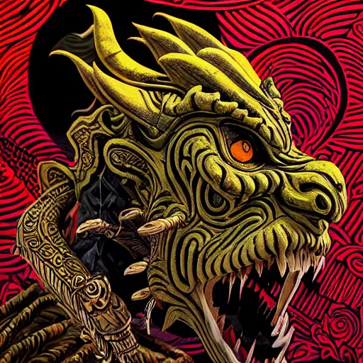 Image similar to side profile of barong family gargoyle, wiwek, mara demon, one single tribe member, jungle, one single mask, dark, tribal, inner glow, art by dan mumford and justin gerard