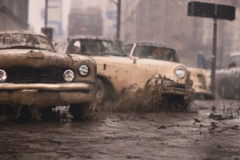 Prompt: street photography by saul leiter, in a muddy new york street, award winning photo of an ultra detailed highly intricate dirty vintage ford car speeding very fast on mud, fast shutter speed, motion blur, tiny gaussian blur, highly detailed, highly intricate, depth of field, trending on top gear