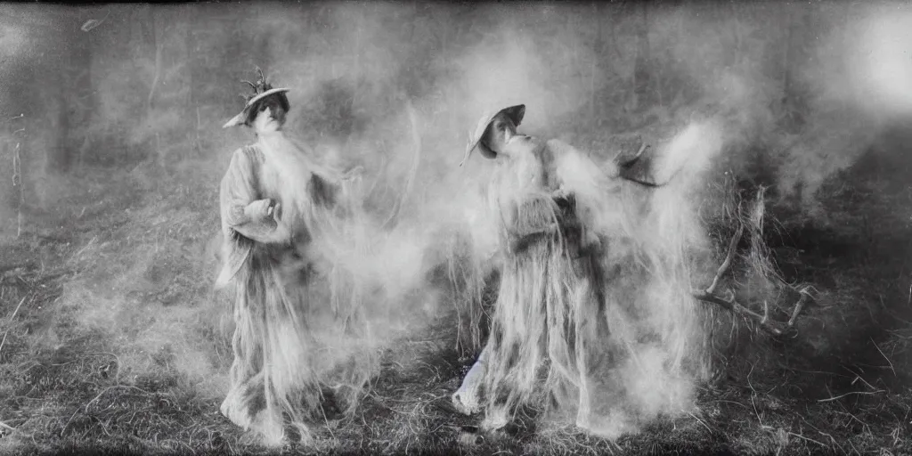 Prompt: 1 9 2 0 s spirit portrait photography of an old female farmer turning into a krampus ghost with hay cloth and antlers in the dolomites, smoke from mouth, casting a root spell, mountain, inviting hand, witchy, wicca, by william hope, dark, eerie, grainy