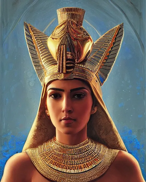 Image similar to Jessica Kahawaty as a beautiful egyptian princess, gorgeous, portrait, Symmetrical, powerful, intricate, beautiful, masterpiece, elegant, volumetric lighting, highly detailed, artstation, sharp focus, no cropping, illustration, Jean-Leon Gerome , ruan jia