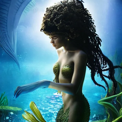 Prompt: dramatic upper body portrait of zendaya as a dark - skinned mermaid la sirene haitian goddess, under water, white lilies, concept art, intricate details, bloom, highly detailed, photorealistic, octane render, 8 k, art by annie leibovitz and wlop and frank frazetta and simon bisley h - 7 2 0