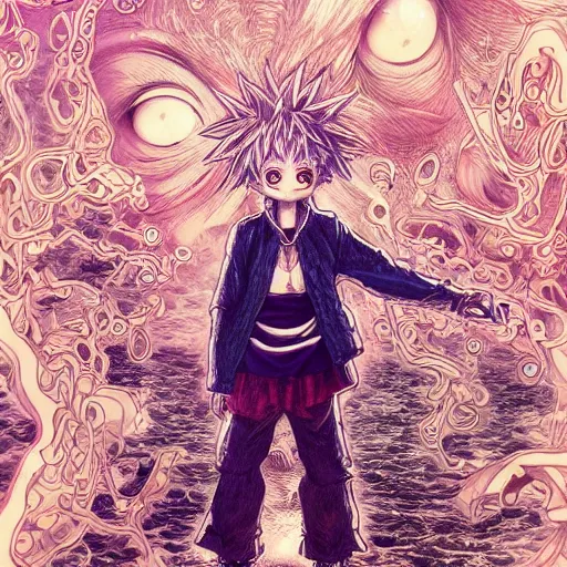 Image similar to killua zoldyck made of jewlery, an ultrafine detailed illustration by ( vania zouravliov ), rossdraws, irakli nadar, intricate linework, bright colors, final fantasy, behance contest winner, angular, unreal engine, global illumination, radiant light, detailed and intricate environment, thunderstorms