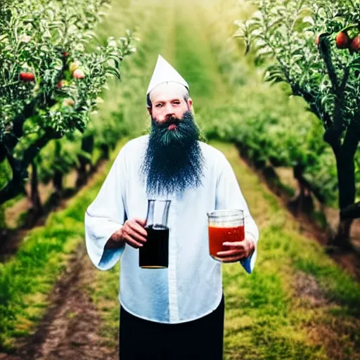 Image similar to beautiful professional photograph of a wizard with a very long white beard, creating, making, brewing, potions, elixirs, potions, in an apple orchard