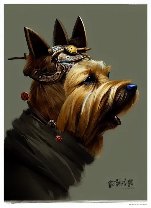 Image similar to norwich terrier as an samurai, backround dark, highly detailed, digital illustration, trending in artstation, modern painting, smooth, sharp focus, intricate, by peter mohrbacher