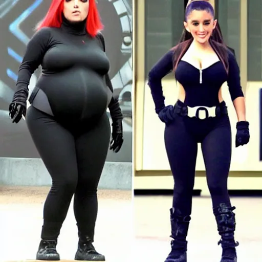Prompt: 250-pound Ariana Grande as Black Widow from The Avengers with her big belly hanging over her waistband