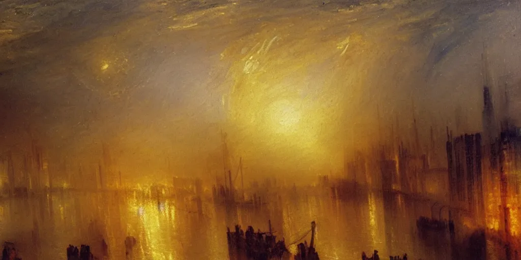 Prompt: Night falls over the robot disassembly district, oil painting by J.M.W. Turner, very detailed