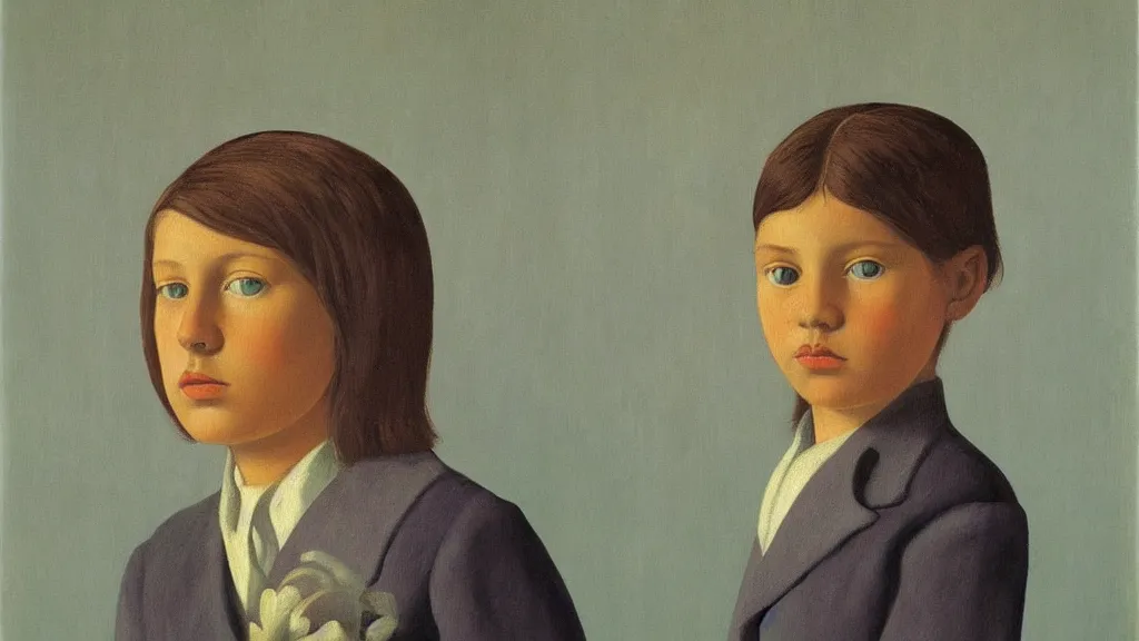 Prompt: A decent young girl portrait by Rene Magritte.