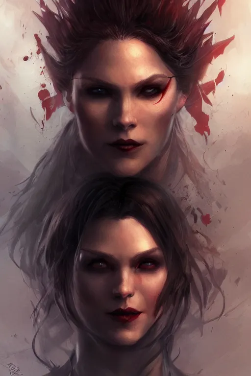 Prompt: vampire dyad, d & d, fantasy, portrait, highly detailed, headshot, digital painting, trending on artstation, concept art, sharp focus, illustration, art by artgerm and greg rutkowski and magali villeneuve