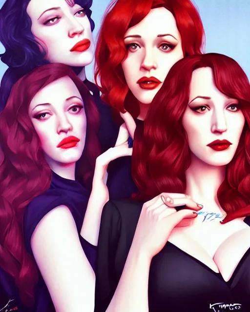 Image similar to kat dennings christina hendricks jennifer tilly, in a dress, by wlop and ilya kuvshinov and artgerm