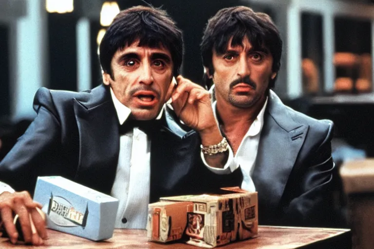 Image similar to medium shot. tony montana from movie scarface 1 9 8 3 sitting at a table with package of cocaine. al pacino. perfect symmetric face, coherent eyes, fine details, 4 k, ron cobb. cinestill