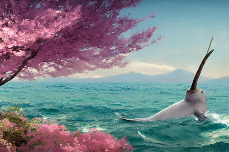 Image similar to narwhal jumping out the sea, sakura trees, sakura season dynamic lighting, landscape, artwork by jeremy lipkin and giuseppe dangelico pino and michael garmash and rob rey and greg manchess and huang guangjian and makoto shinkai, pixiv, 1 0 0 mm