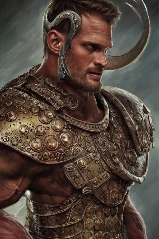 Image similar to ultra realistic illustration,, a hulking herculean alexander skarsgard with leather armour, from doom and warhammer, intricate, elegant, highly detailed, digital painting, artstation, concept art, smooth, sharp focus, illustration, art by artgerm and greg rutkowski and alphonse mucha