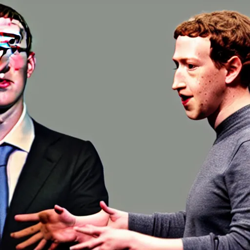 Prompt: A heated argument between animatronic Mark Zuckerberg and animatronic Mark Zuckerberg