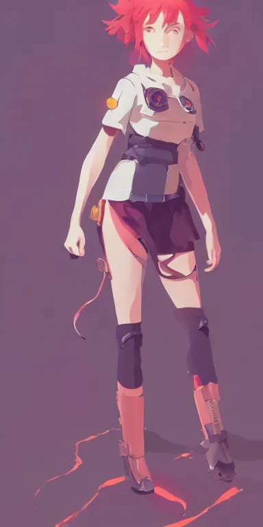 Prompt: concept art of young cute curvacious redhead cyborg woman wearing shorts and shirt illustration illustration concept art anime key visual trending pixiv fanbox by wlop and greg rutkowski and makoto shinkai and studio ghibli and kyoto animation