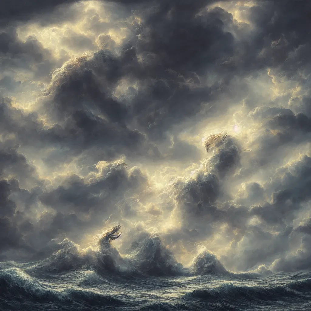 Image similar to a fantasy book style portrait of a giant dragon, stormy sea, giant waves, lightning, small boat, oil painting, 4 k