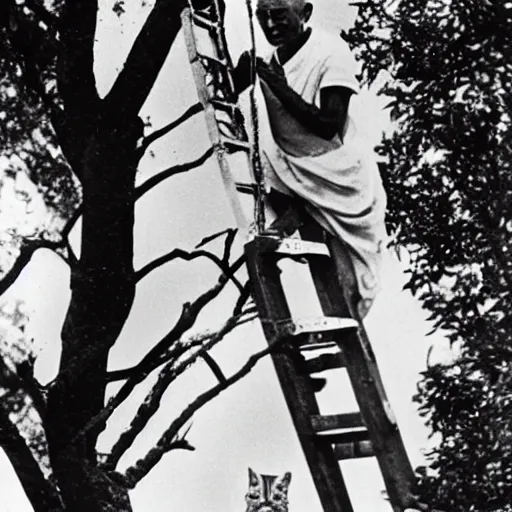 Prompt: Mahatma Ghandi on a ladder saving a kitten that was stuck high up in a tree