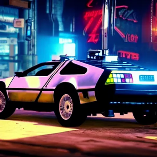 Image similar to flying dmc 1 2 delorean in cyberpunk 2 0 7 7