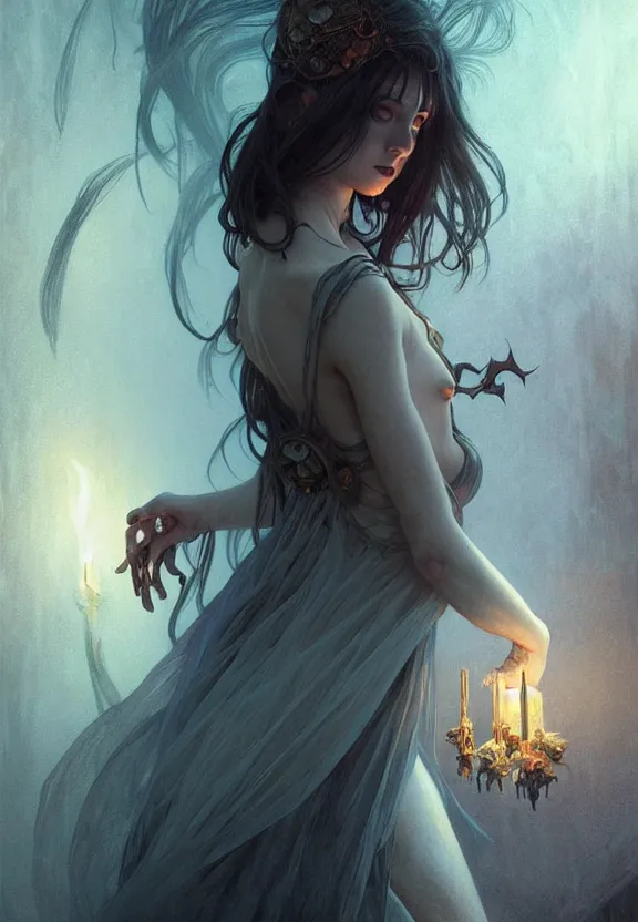 Image similar to Ethereal necromancer at a spooky old attic, fantasy magic, dark pin-up style hair, dark light night, intricate, elegant, sharp focus, illustration, highly detailed, digital painting, concept art, matte, art by WLOP and Artgerm and Greg Rutkowski and Alphonse Mucha, masterpiece