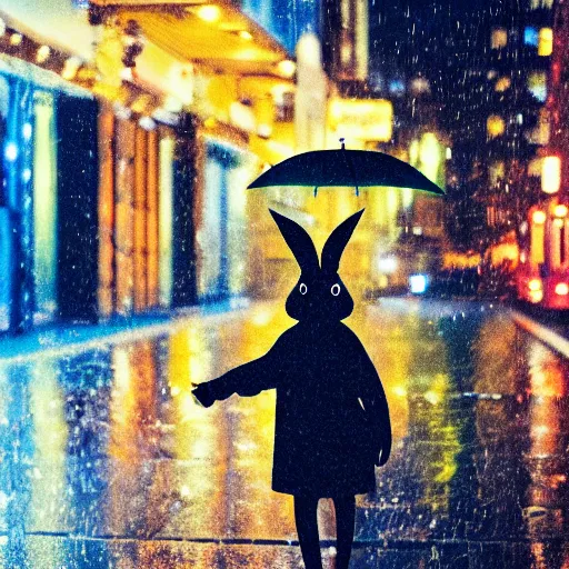 Image similar to portrait of an humanoid detective rabbit holding an umbrella, rainy night, city lights, sharp, focused photo