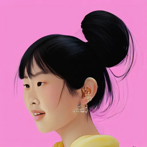 Prompt: portrait of asian girl with muji shirt, round face, black hair, ponytails, skinny, smile, attractive, small chin, wearing pink hair bow, earrings, with a japanese print background, intricate, elegant, glowing lights, highly detailed, digital painting, artstation, sharp focus, illustration, art by wlop, mars ravelo and greg rutkowski