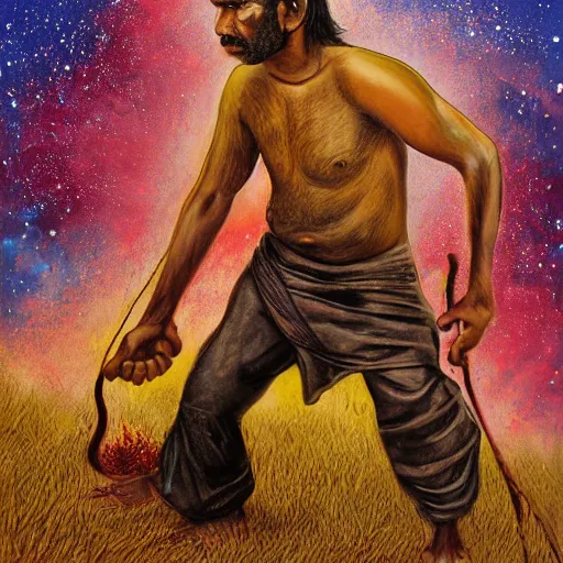 Image similar to portrait of head and body, single bangla farmer fighting on hoseback, hand to hand combat with machete, wielding machete, wearing a long lungi, full body view, long flowing hair, fighting for his life, nebula aura surrounding subject, hellscape, nestor canavarro art style, hyperrealist art style, sharp outlines