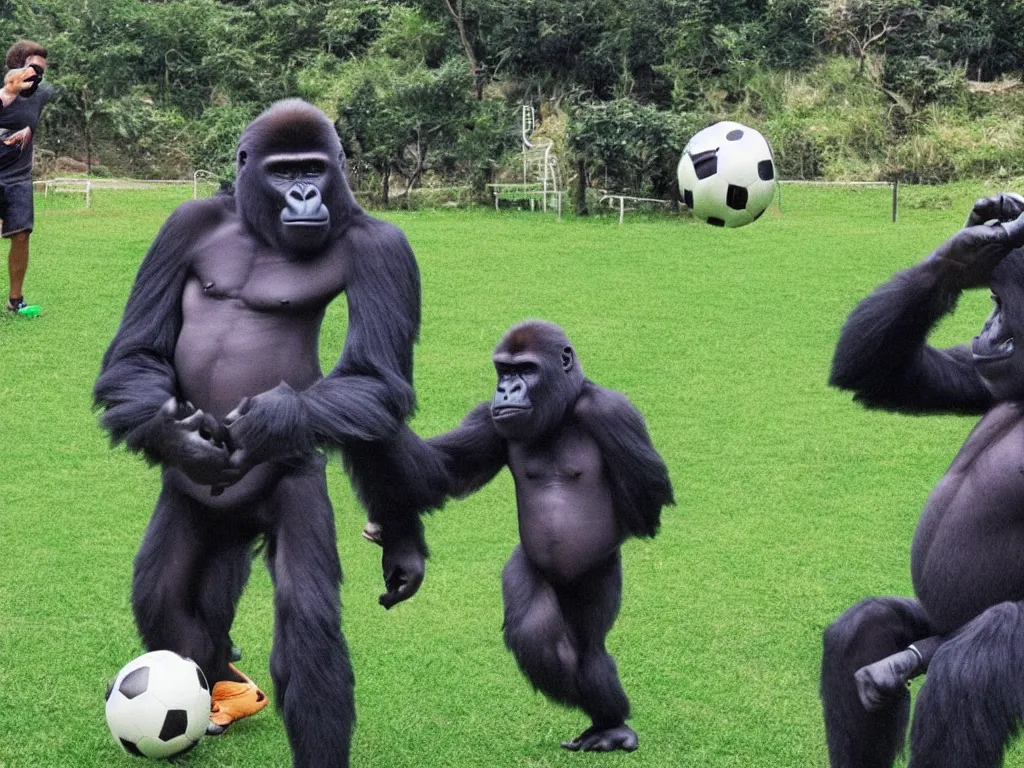 Image similar to gorilla with vr headset playing soccer, vivid