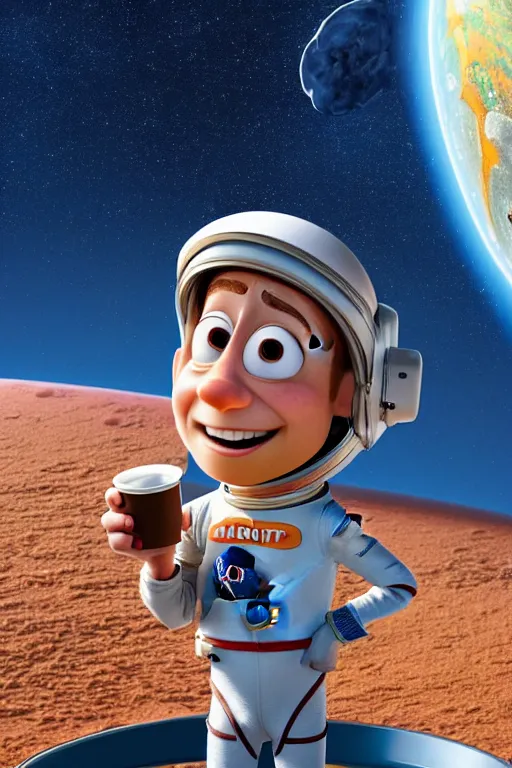 Image similar to portrait of a astronaut holding a cup of coffee with the earth in background, full body. pixar disney 4 k 3 d render funny animation movie oscar winning trending on artstation and behance, ratatouille style