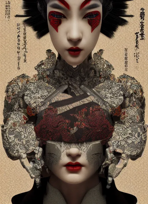 Prompt: portrait of a seductive cyberpunk geisha yakuza, imari, modern fine art, fractal, in the style of ex - machina, intricate ornaments, elegant, highly detailed, digital photography, subsurface scattering, by mc escher and greg rutkowski,