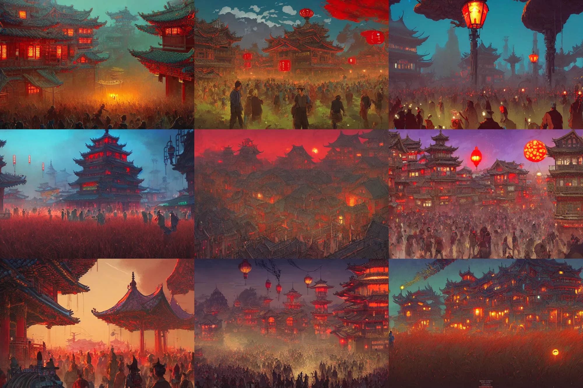 Prompt: red grass, village, crowd of people, chinese architecture, steampunk!!!! grainy texture, infographic with illustrations, glowing lights, epic fantasy, colorfully, digital art, highly saturated colors, concept art, detailed illustration, hd, 4 k, digital art, greg rutkowski, dan mumford, studio ghibli trending on artstation