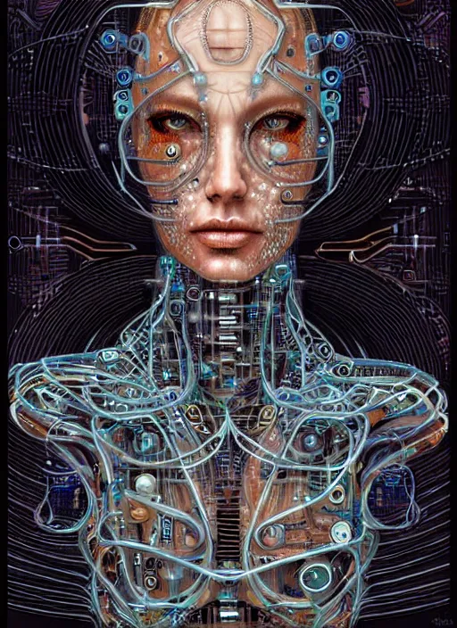 Image similar to biopunk cyborg portrait by julie bell, intricate integrated circuit patterns, detailed!, very sharp!!!