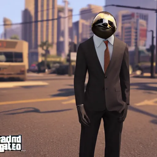 Prompt: A sloth wearing a suit in GTA V. 3D Render