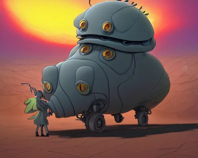 Image similar to a cell shaded cartoon giant grey lovecraftian mechanized beetle from howl's moving castle ( 2 0 0 4 ), with a big head, on a desert road, wide shot, sunset, golden hour, muted colors, post grunge, josan gonzales, wlop, by james jean, victor ngai, hq, deviantart, art by artgem