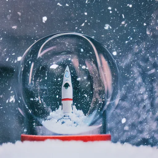 Prompt: a space rocket inside a snow globe, 3 5 mm, disposable film, lens blur, 8 k, realistic, dramatic backlighting