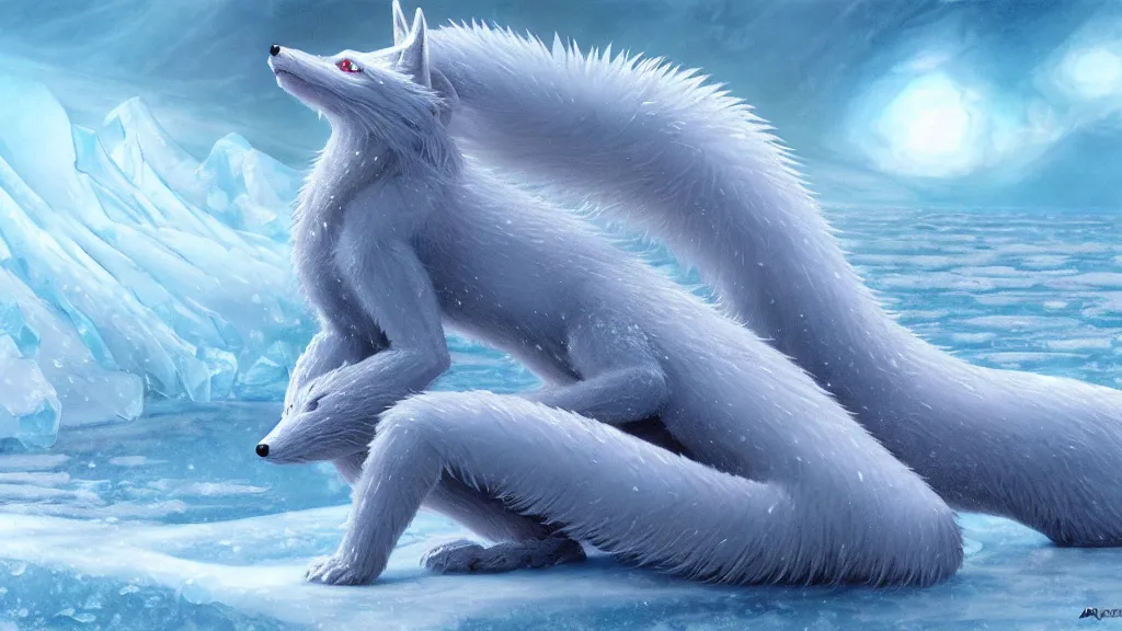 Prompt: white - haired anime fox lizard frozen in an ice floe, intricate, highly detailed, smooth, wide shot, artstation, digital illustration by wayne barlowe