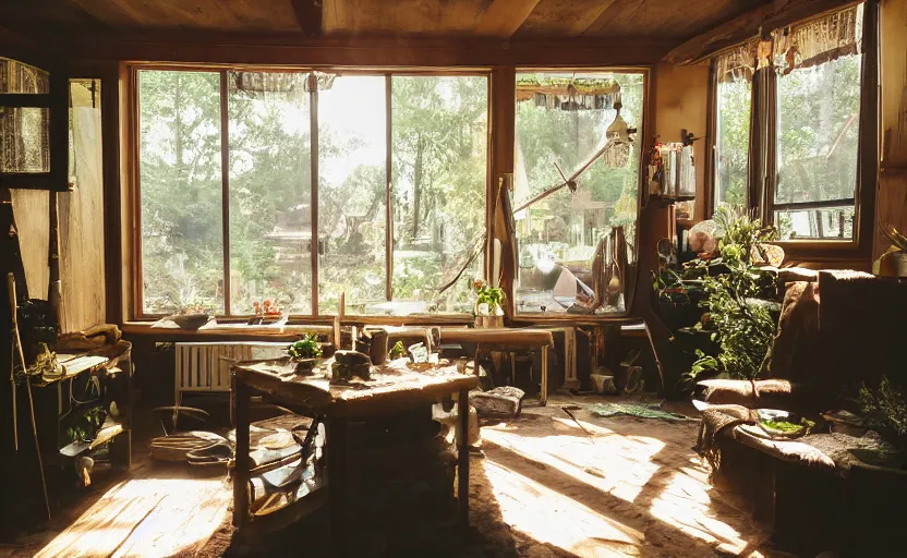 Prompt: interior view of a cluttered herbalist cottage, waxy candles, wood furnishings, herbs hanging, light bloom, dust, ambient occlusion, rays of light coming through windows
