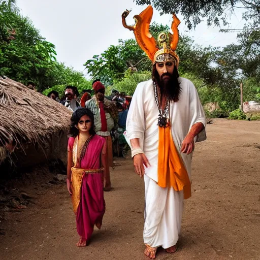 Image similar to jesus dressed as a hindu god, walking with lord shiva in a village