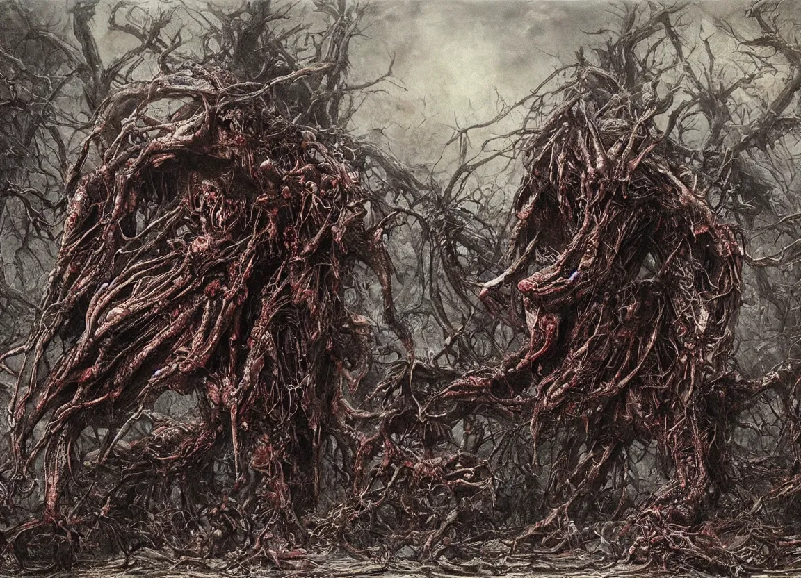 Image similar to Giant fanged limb monster walks in the road of the ruined city. Drops of blood and meat with veins on the road. Dark colors, high detail, hyperrealism, horror art, intricate details, masterpiece, biopunk, body-horror, art by Ayami Kojima, Beksinski, Giger