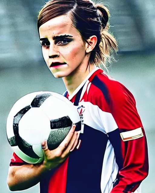 Image similar to a portrait of emma watson as a lokomotiv football player, hyper realistic