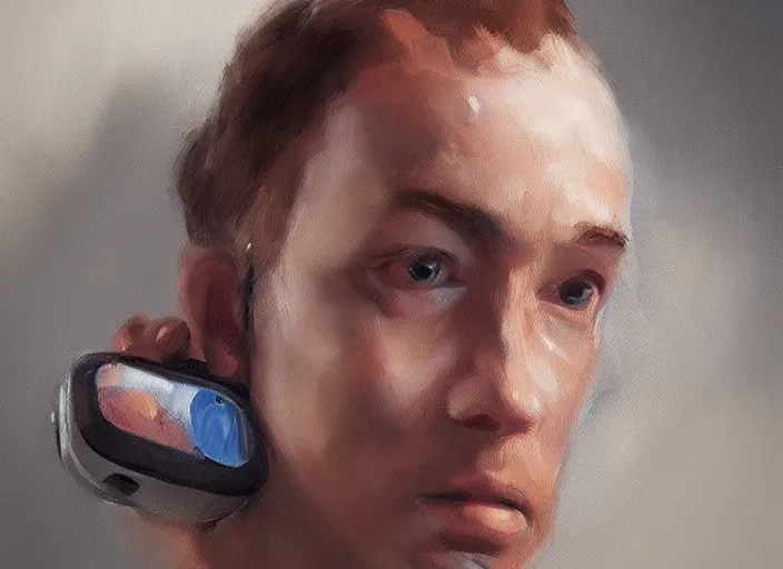 Image similar to human with VR Headset, concept art oil painting by Jama Jurabaev, extremely detailed, brush hard, artstation