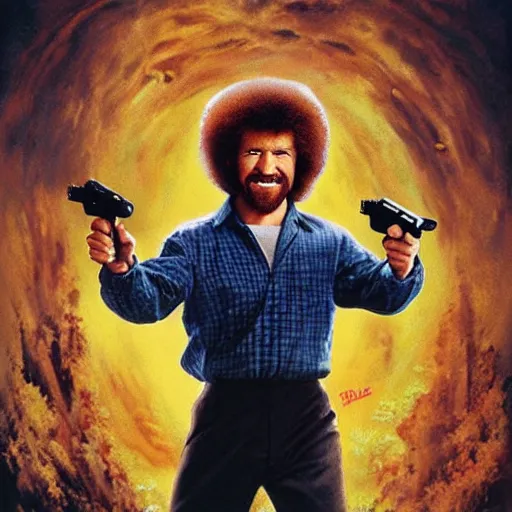 Prompt: Bob Ross as an action movie poster, dual wielding high-caliber pistols