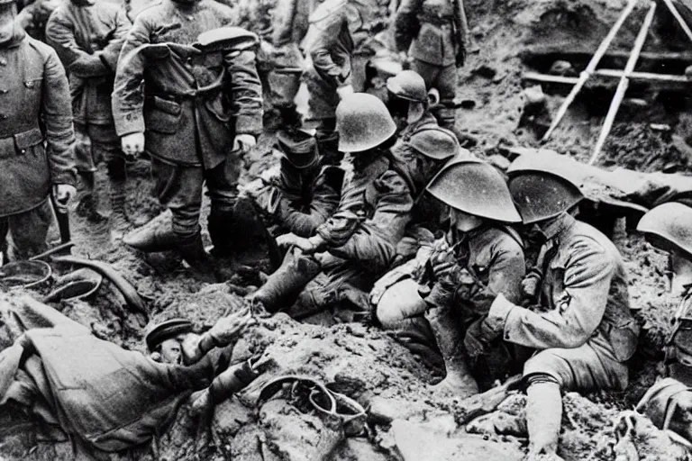 Prompt: old monochromatic photograph of spiderman sharing lunch with soldiers in a WW1 trench