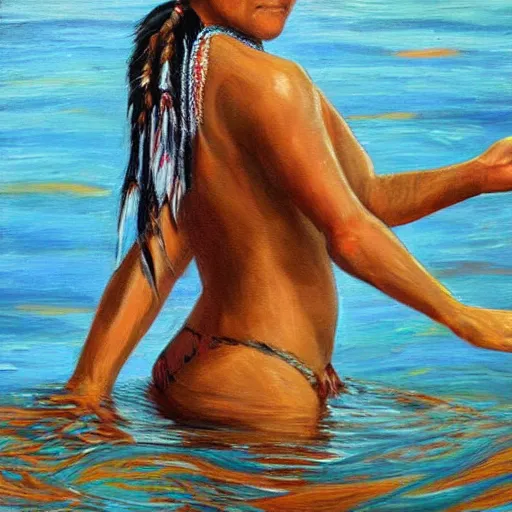 Image similar to full body, highly detailed, native indian woman swimming, painting